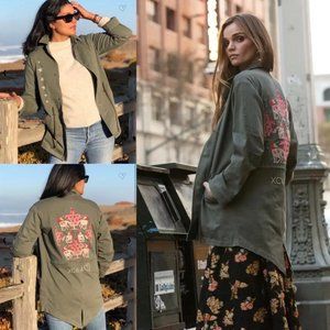 RACHEL ROY Womens Khaki Cotton Embroidered Unicorn Oversized Long Jacket M $149